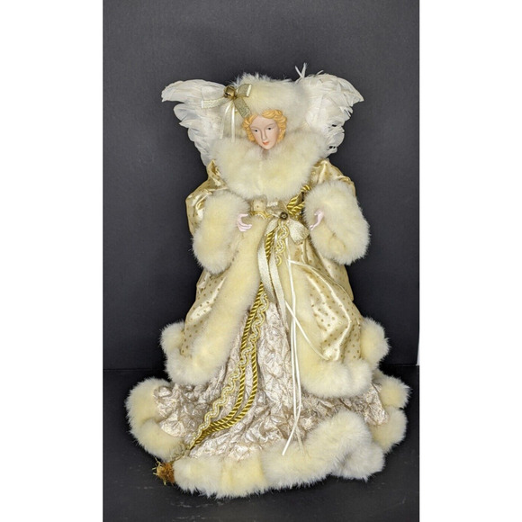 Angel Tree Topper 17" Gold Ivory Porcelain Face & Hands Feather Wings Fur Robe - Picture 1 of 9